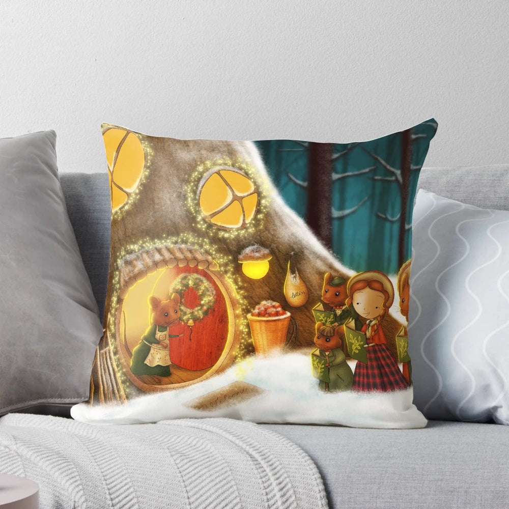 Illustration of whimsical mice carolers bringing holiday cheer in a winter wonderland scene on a cozy Christmas pillow.