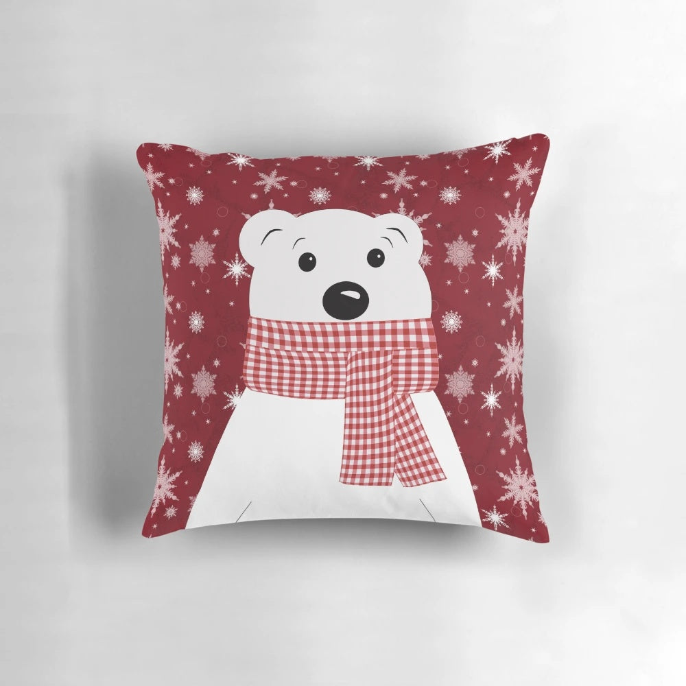Fluffy white and red Christmas polar bear decorative pillow