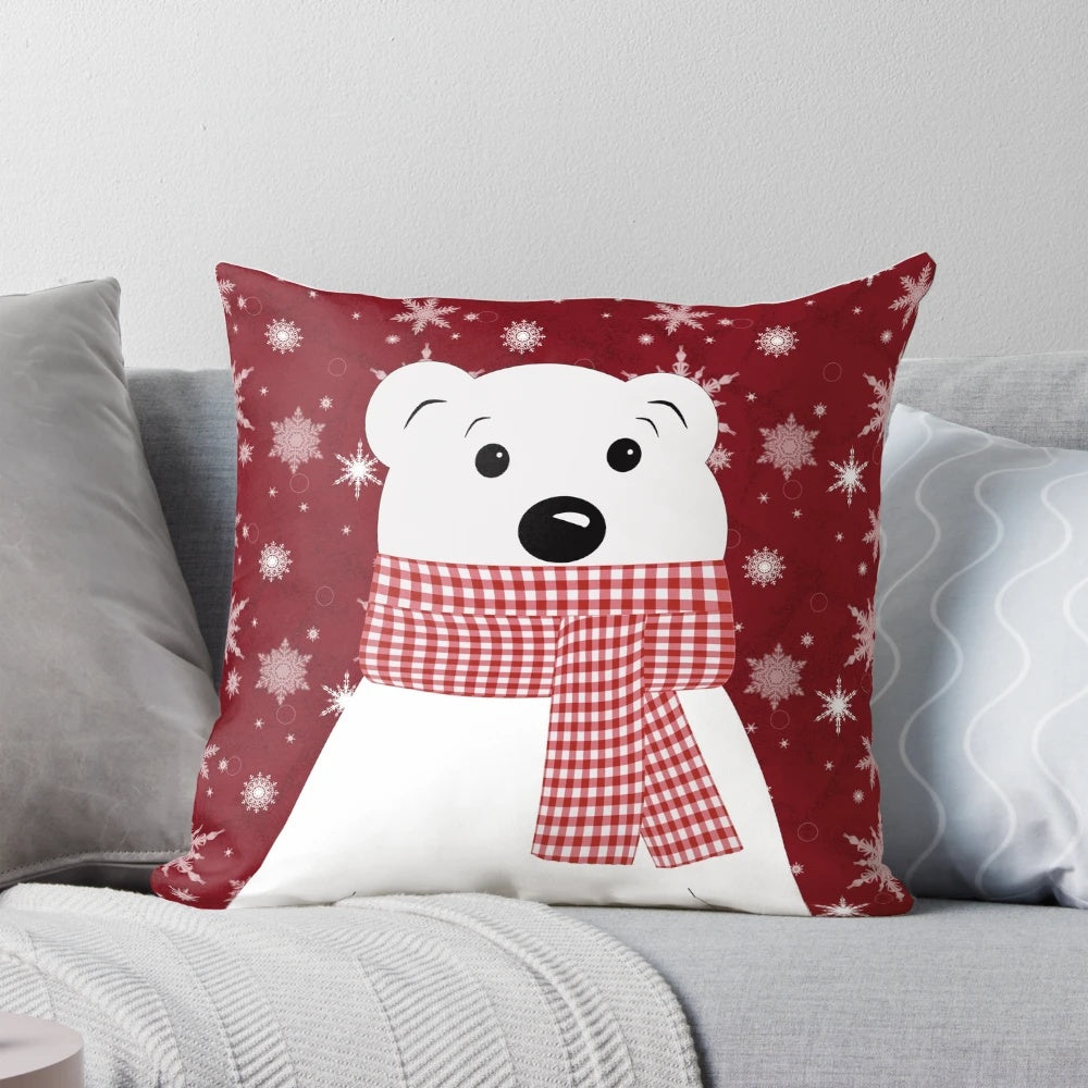 Fluffy white and red Christmas polar bear decorative pillow
