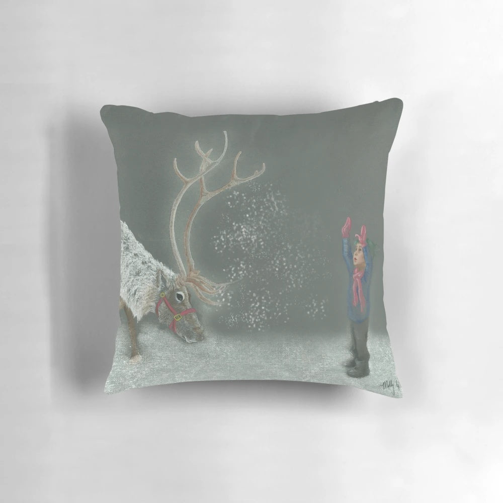 Soft, plush Christmas pillow featuring a whimsical reindeer design, perfect for holiday home decor.