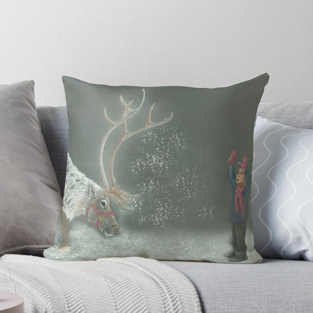 Soft, plush Christmas pillow featuring a whimsical reindeer design, perfect for holiday home decor.