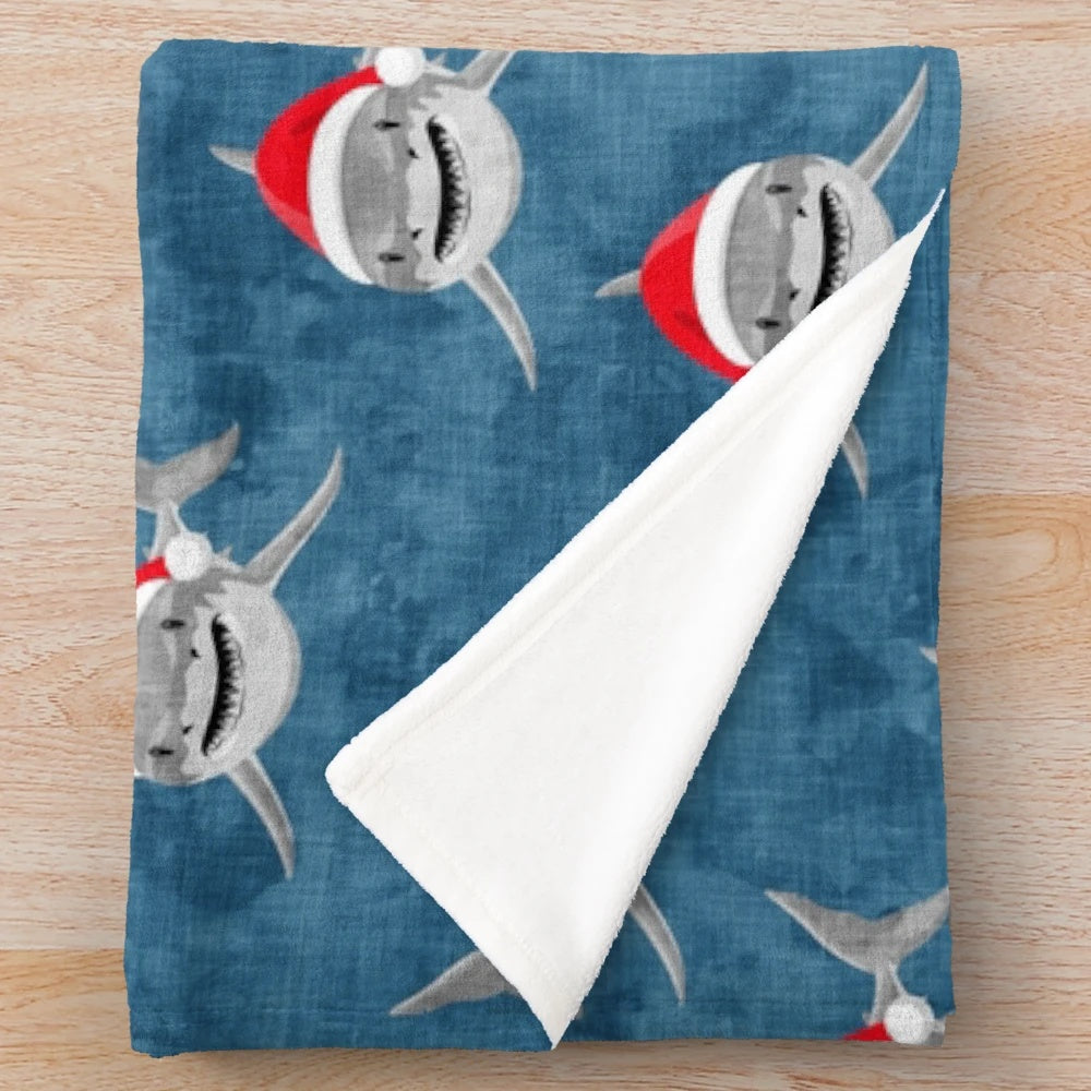 Blue Christmas shark plush blanket