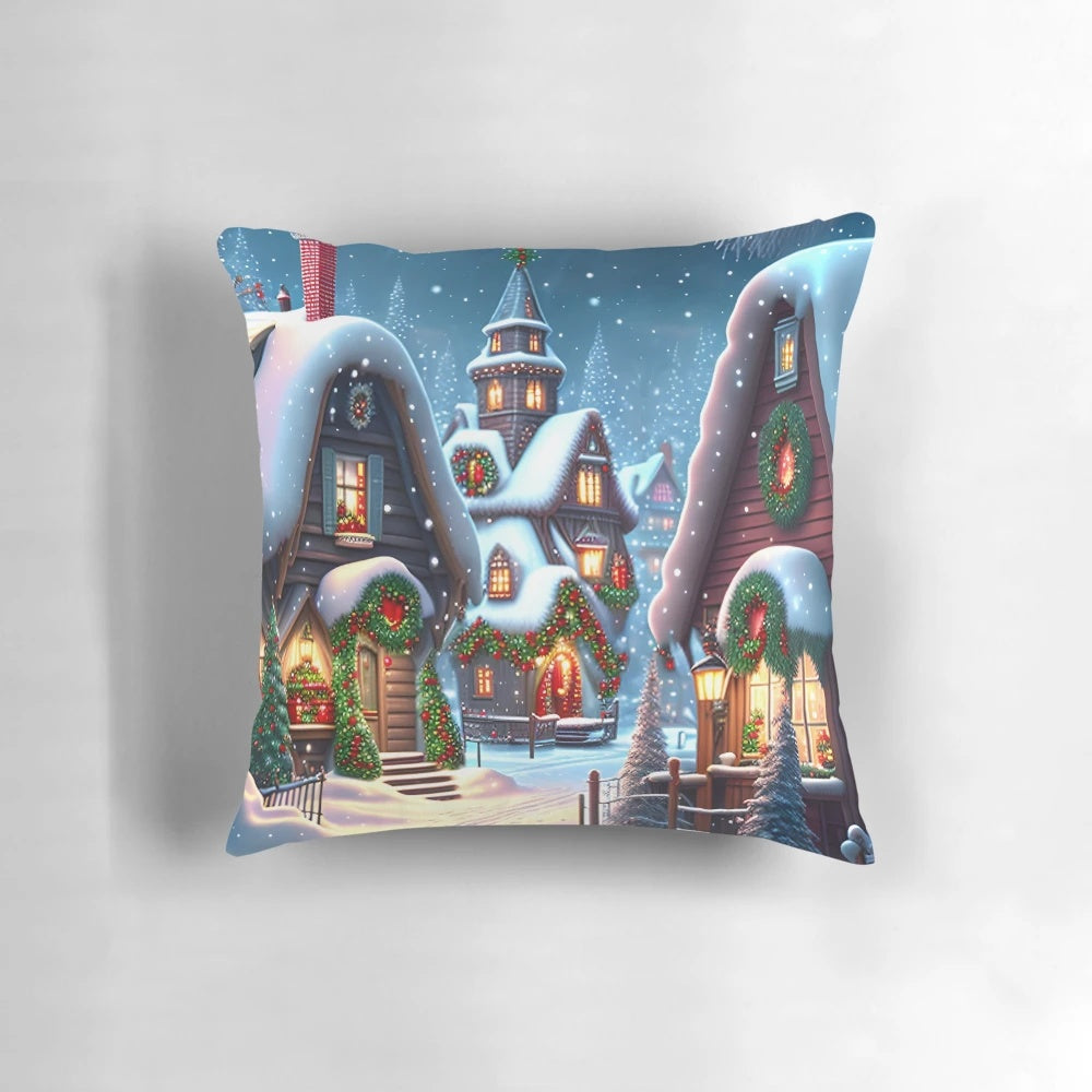 A charming snowy Christmas village scene depicted on a cozy throw pillow, perfect for adding a touch of holiday cheer to your home.