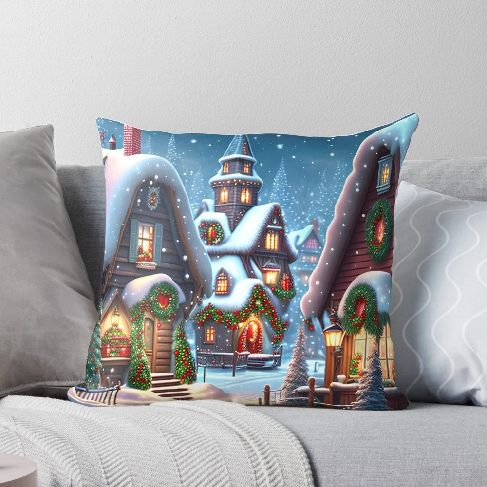 A charming snowy Christmas village scene depicted on a cozy throw pillow, perfect for adding a touch of holiday cheer to your home.