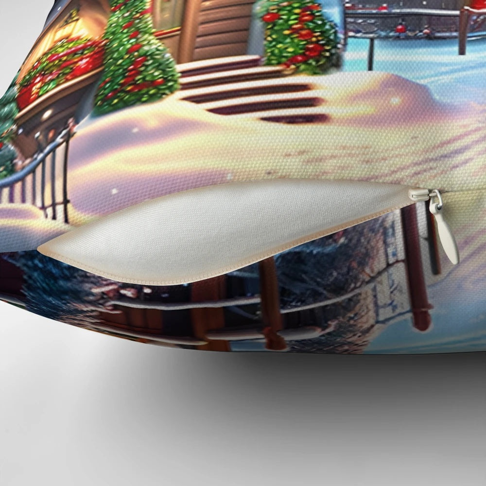 A charming snowy Christmas village scene depicted on a cozy throw pillow, perfect for adding a touch of holiday cheer to your home.
