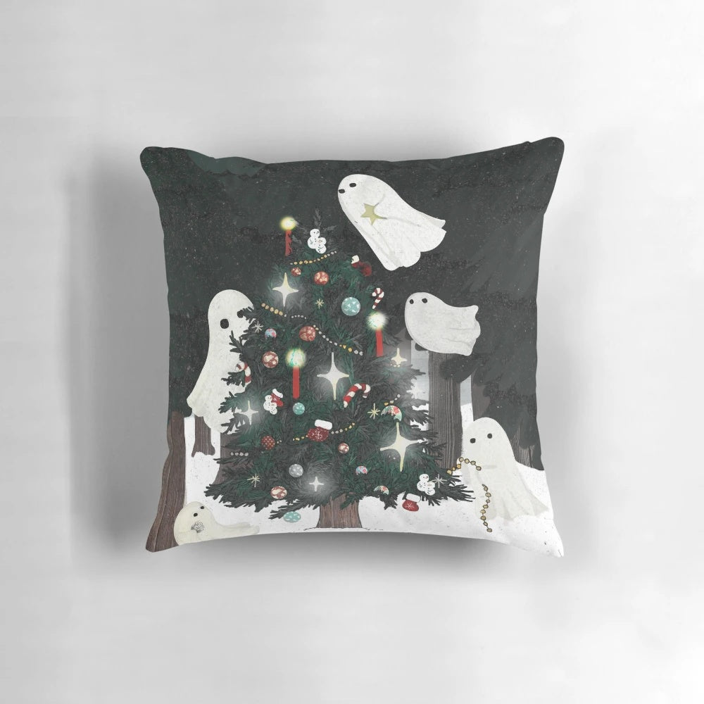 Whimsical Christmas Spirit pillow with snowy forest scene and ghostly figures
