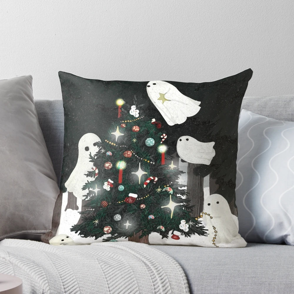 Whimsical Christmas Spirit pillow with snowy forest scene and ghostly figures