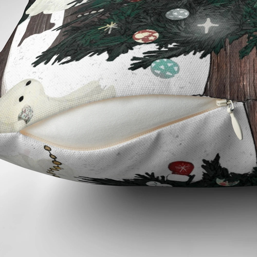 Whimsical Christmas Spirit pillow with snowy forest scene and ghostly figures
