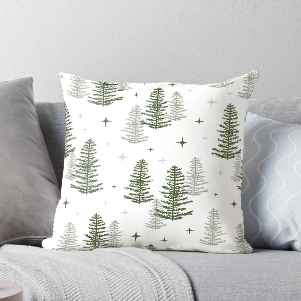 A cozy Christmas throw pillow featuring a minimalist design of a winter forest scene with trees, a star, and a warm, neutral color palette.