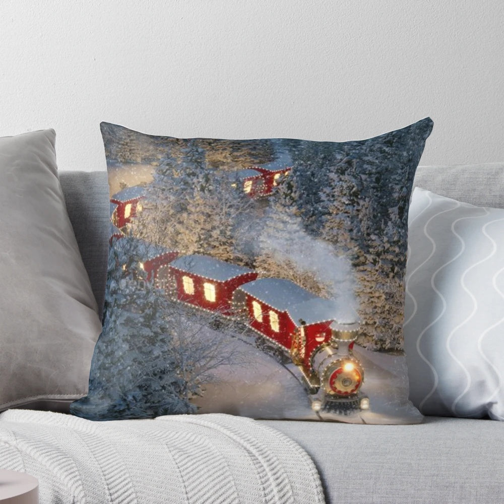 A soft, plush Christmas train pillow with a festive holiday design featuring Santa, the North Pole, and the Polar Express.