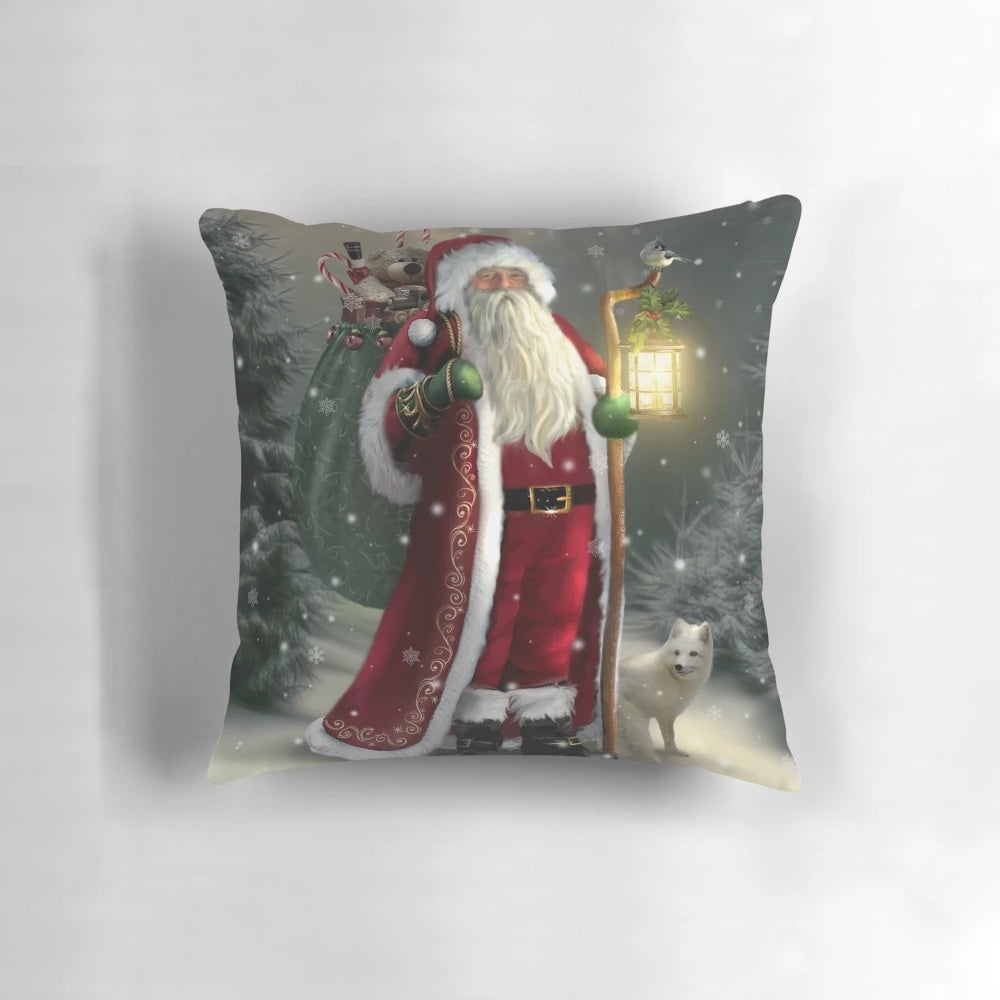 A plush, festive pillow featuring a jolly Santa Claus design, perfect for holiday travel and snuggling.
