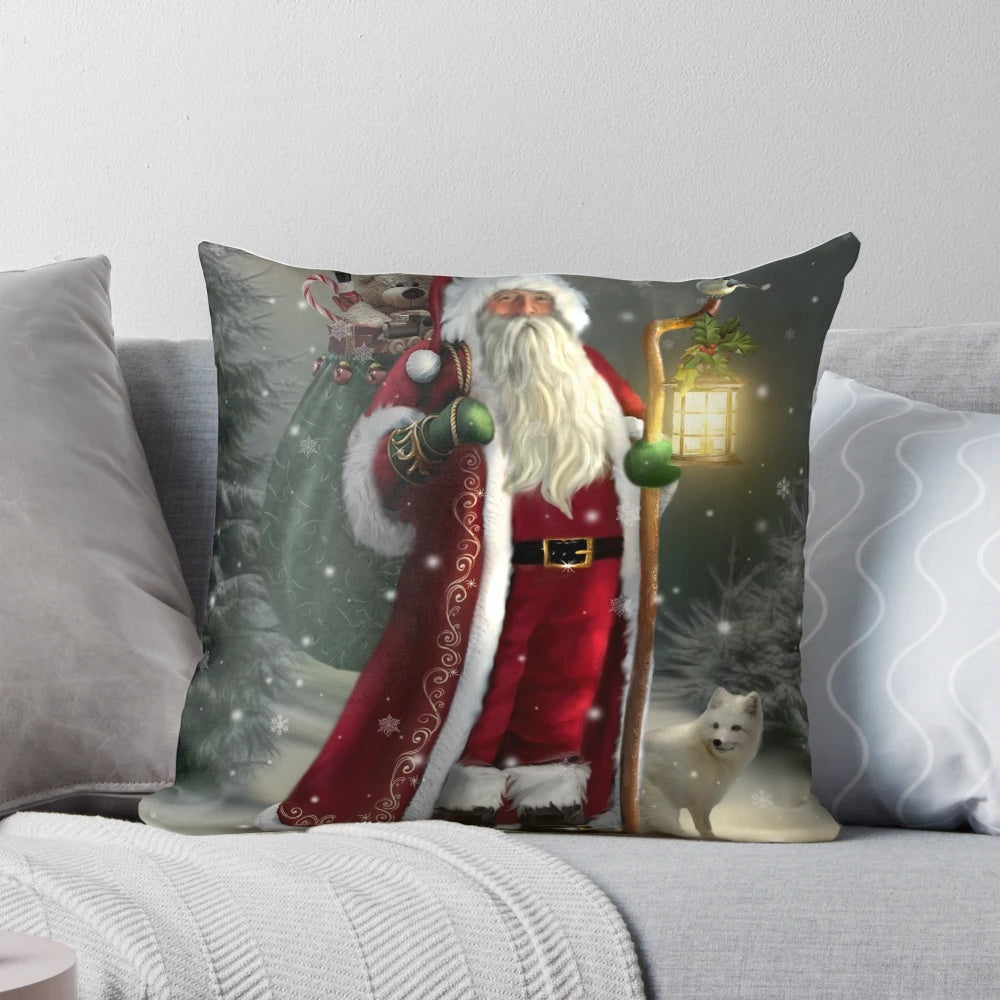 A plush, festive pillow featuring a jolly Santa Claus design, perfect for holiday travel and snuggling.