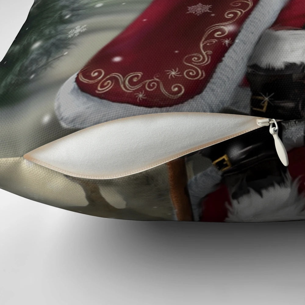 A plush, festive pillow featuring a jolly Santa Claus design, perfect for holiday travel and snuggling.