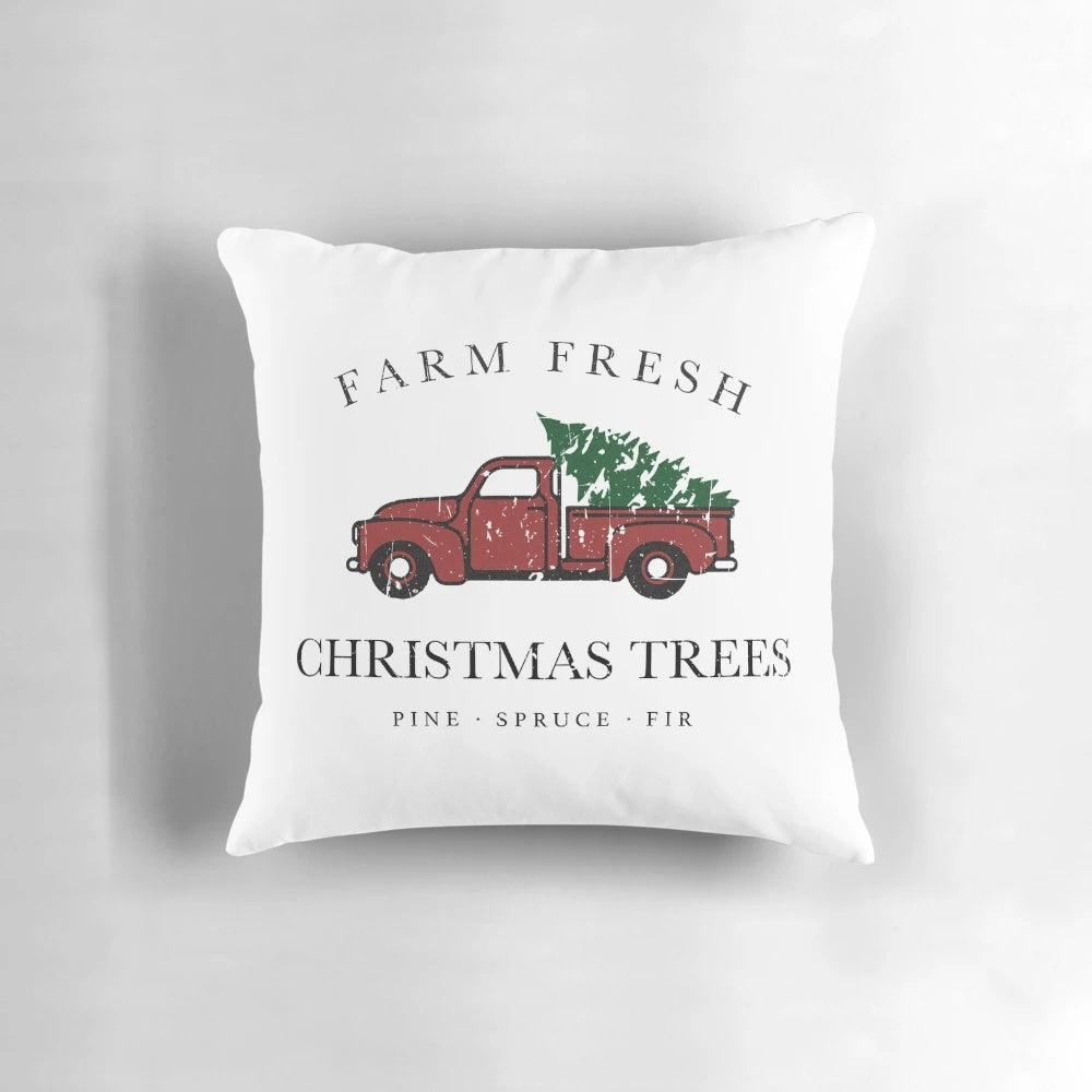 Vintage Christmas tree farm truck pillow with rustic farmhouse design