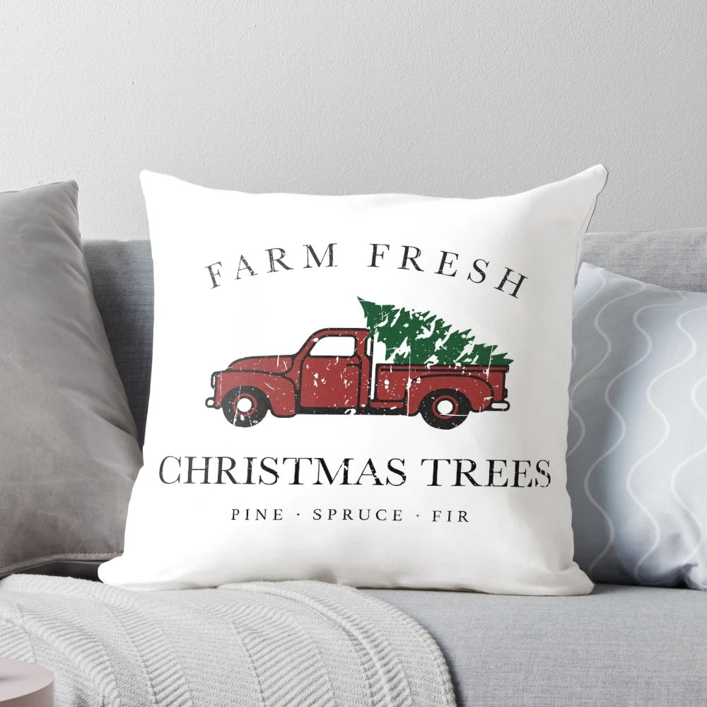Vintage Christmas tree farm truck pillow with rustic farmhouse design