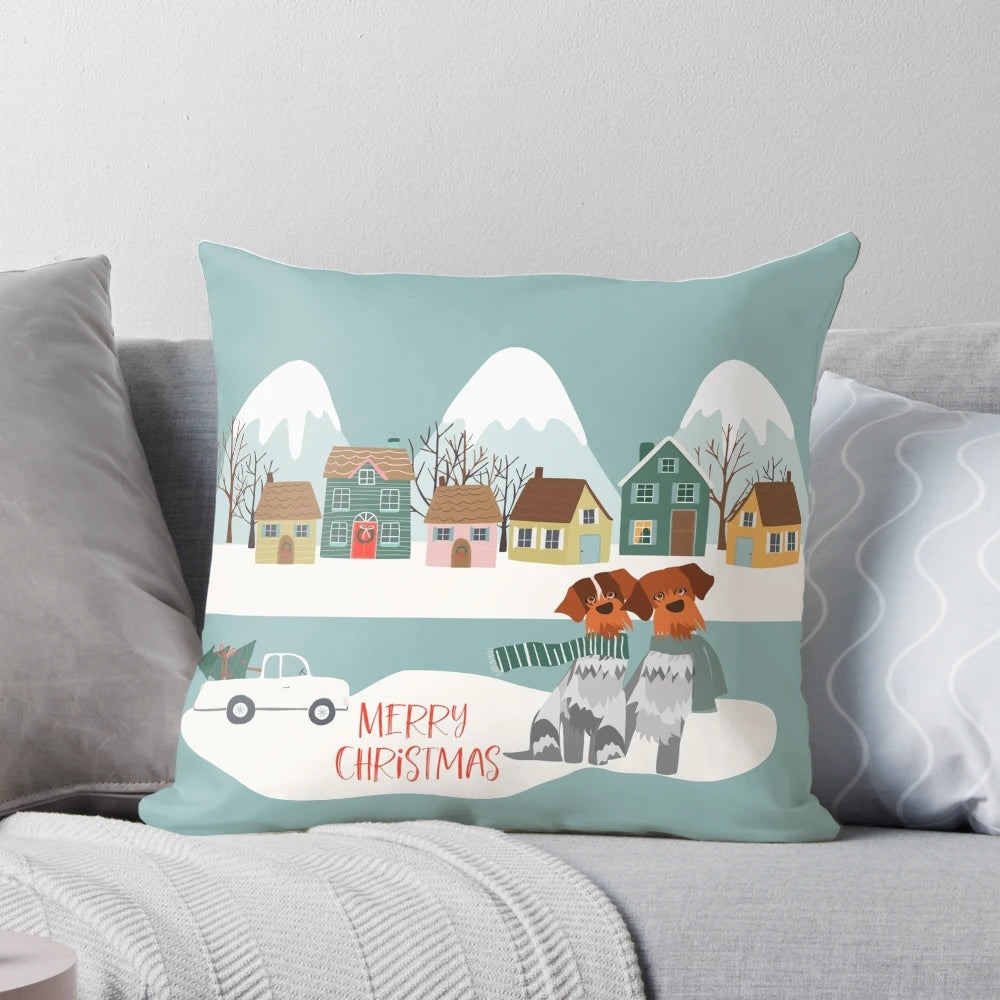 Festive Christmas village scene printed on a soft, plush pillow