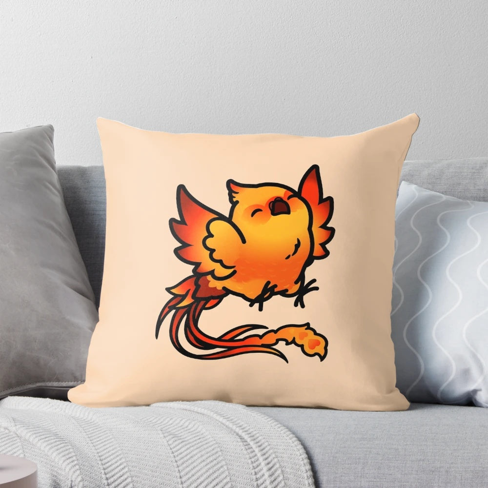Fluffy, chubby phoenix pillow in a fiery design, perfect for fantasy-themed home décor.