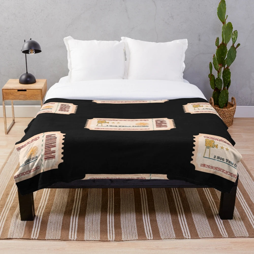 Soft, pink plush blanket with glittery "Cinema" design, inspired by Harry Styles' album "Harry's House