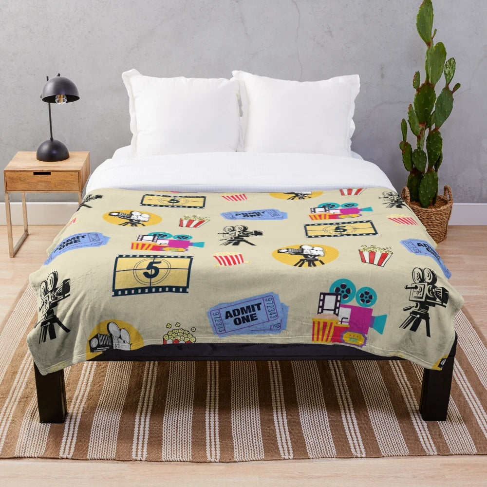 Cozy plush blanket with a vintage movie theme design