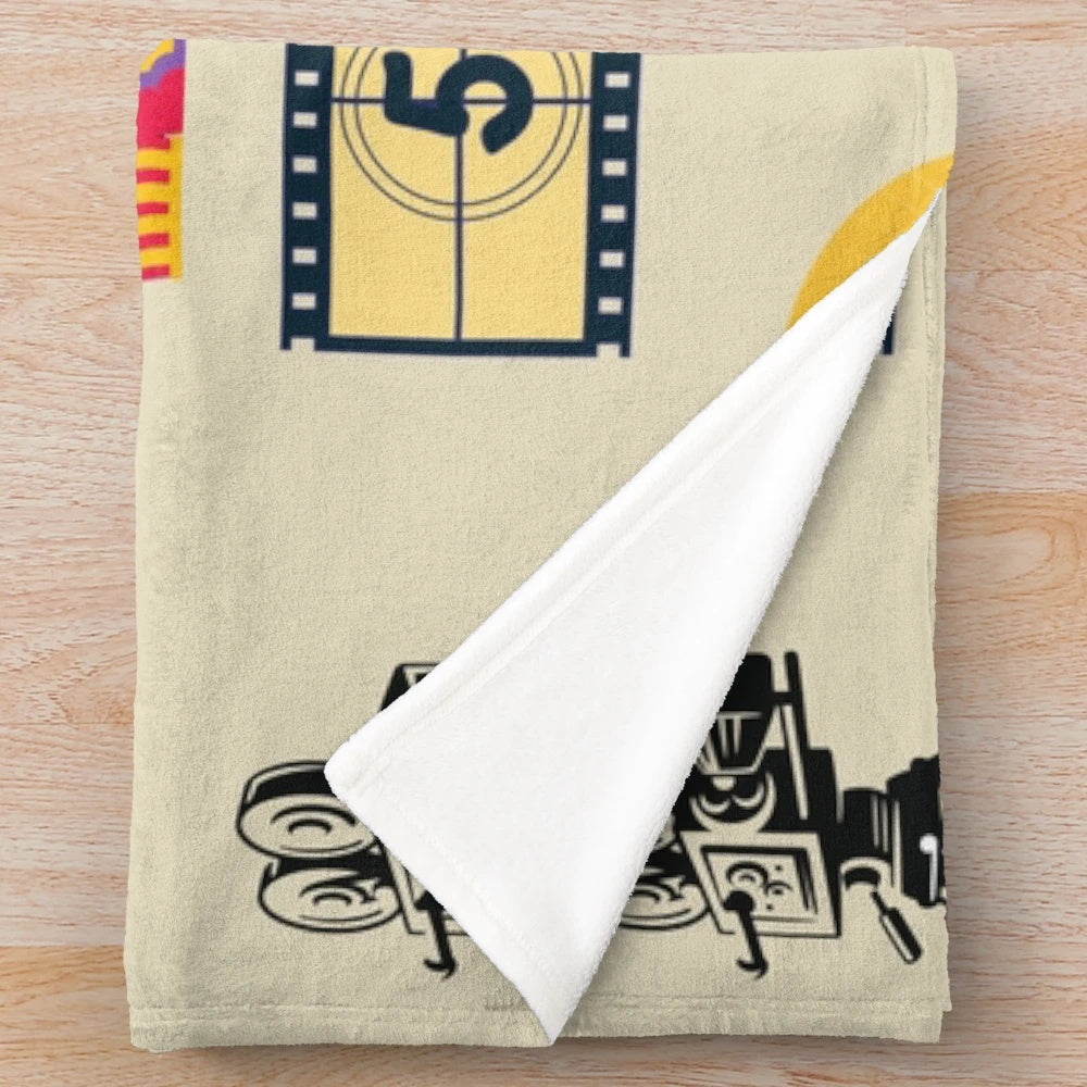 Cozy plush blanket with a vintage movie theme design