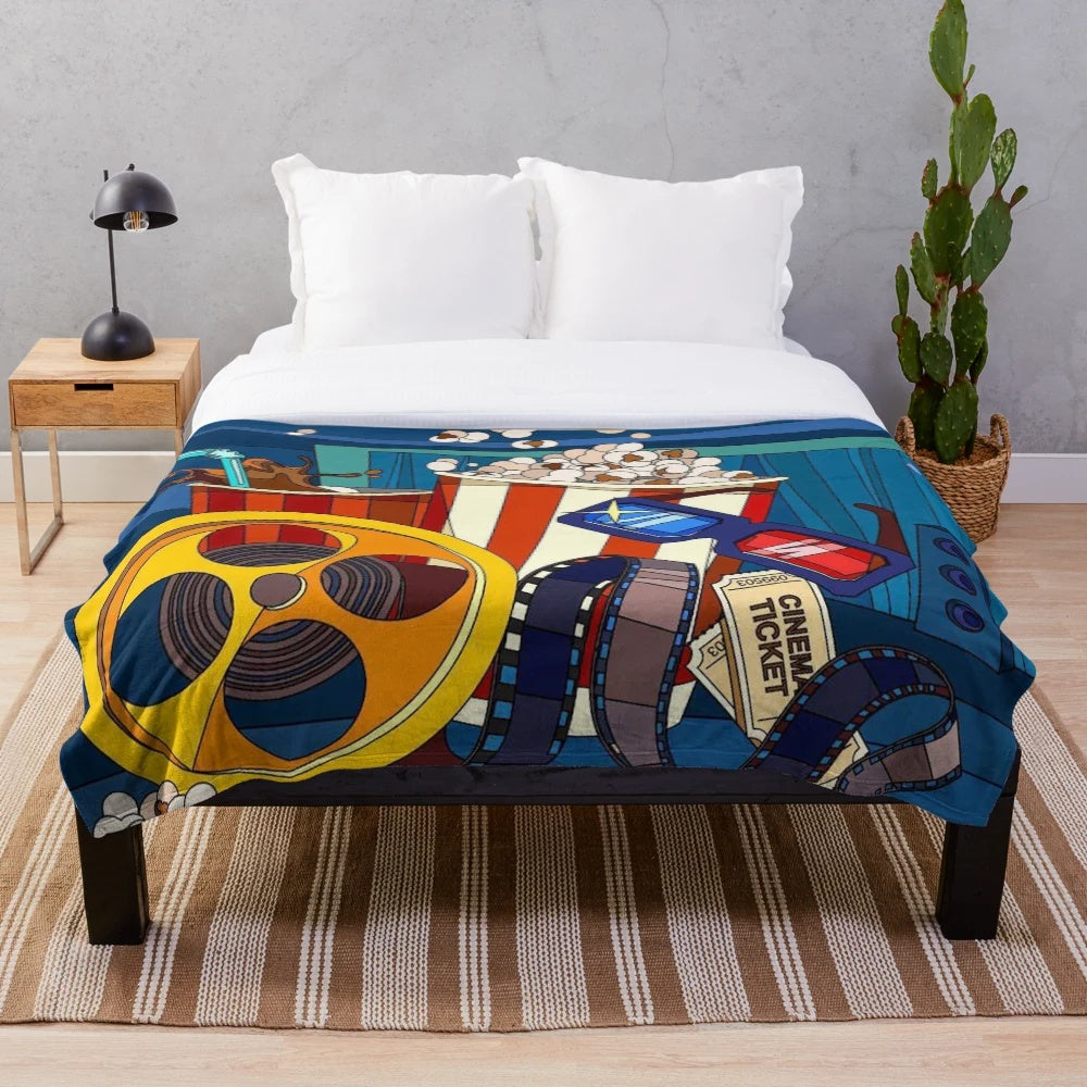 Plush blanket with cinema, movie, and theater-inspired design