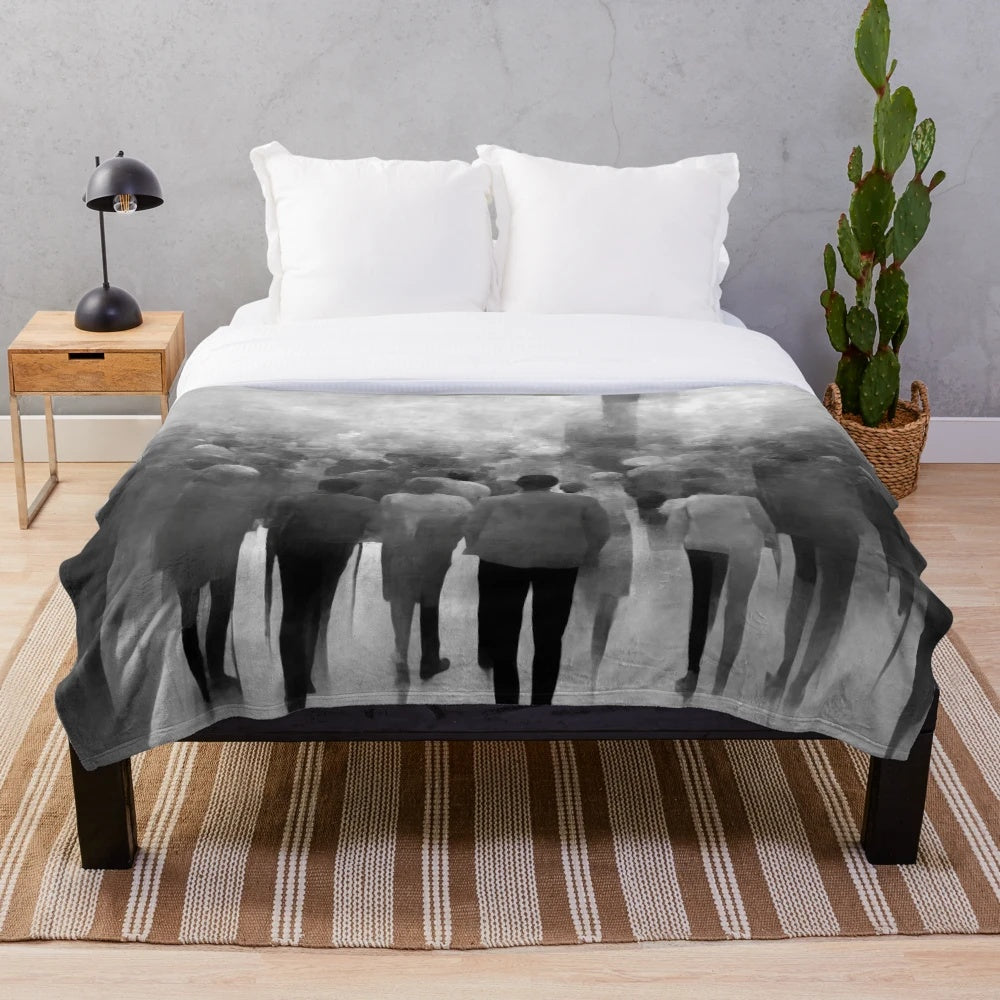 Cinema-themed plush blanket with abstract crowd in black and white