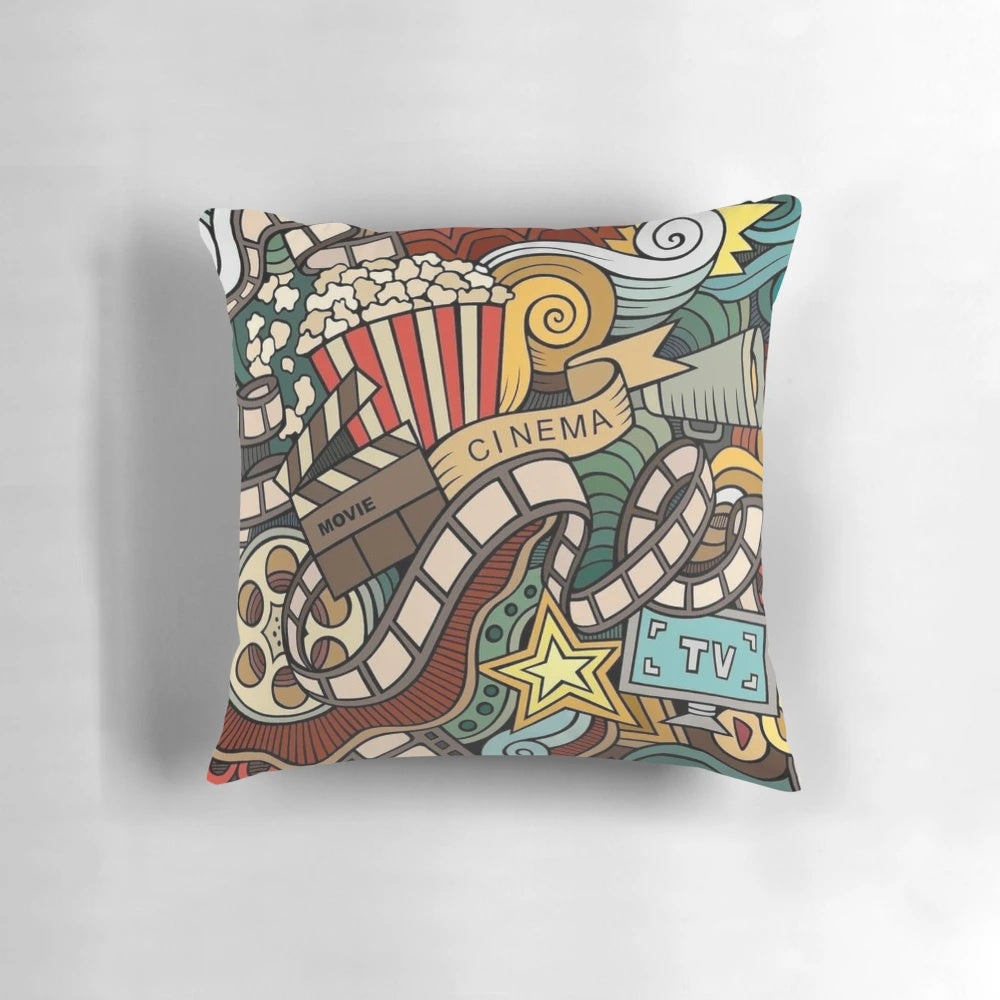 Plush cinema-themed pillow for a cozy movie night at home