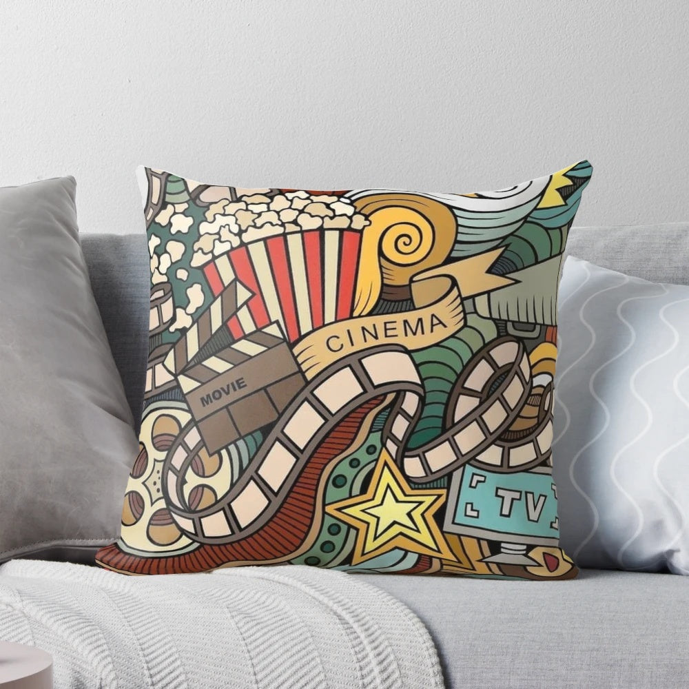 Plush cinema-themed pillow for a cozy movie night at home
