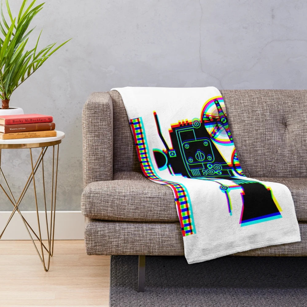 Plush blanket with cinema, movie, and film related graphics and icons