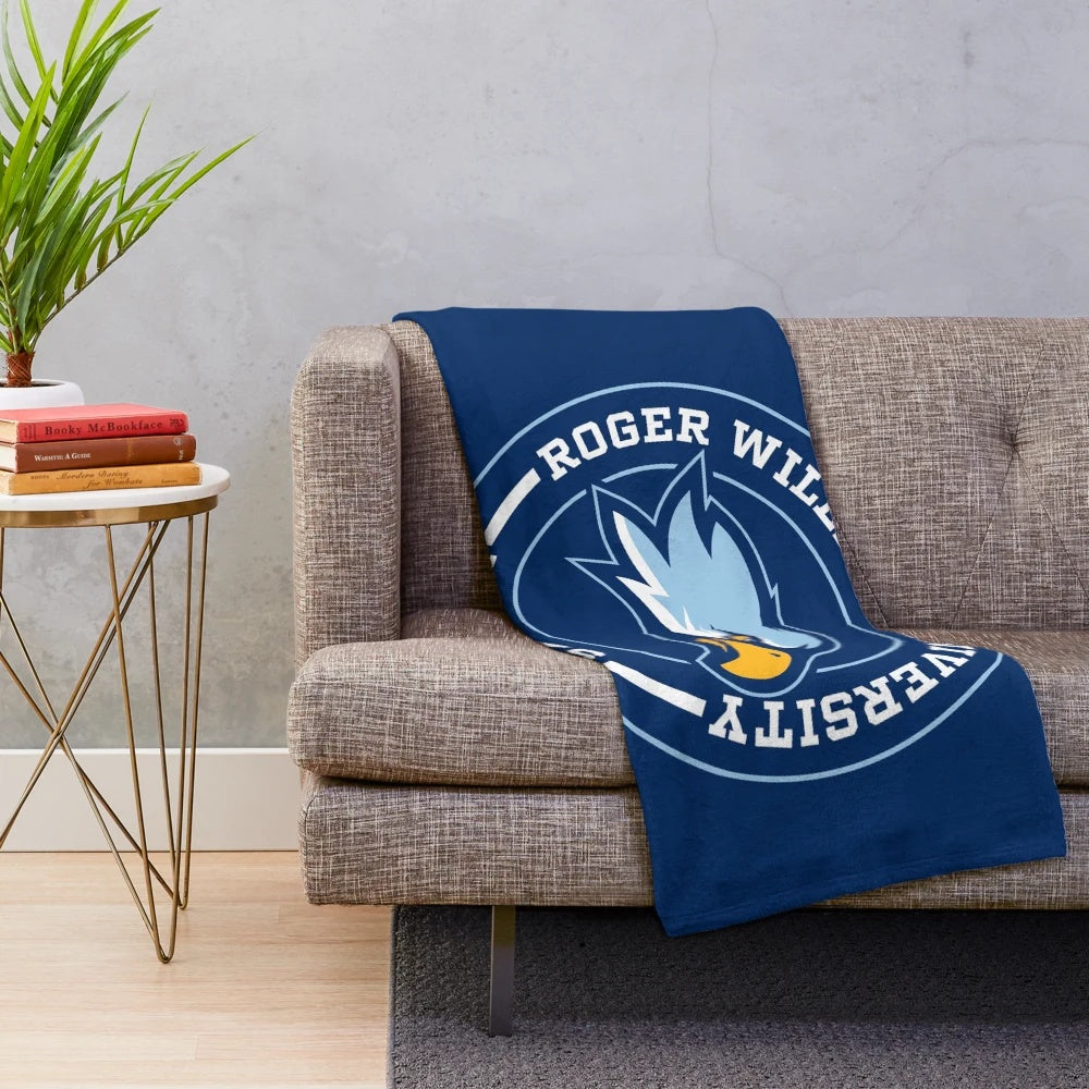 Circle plush blanket featuring the Roger Williams University logo