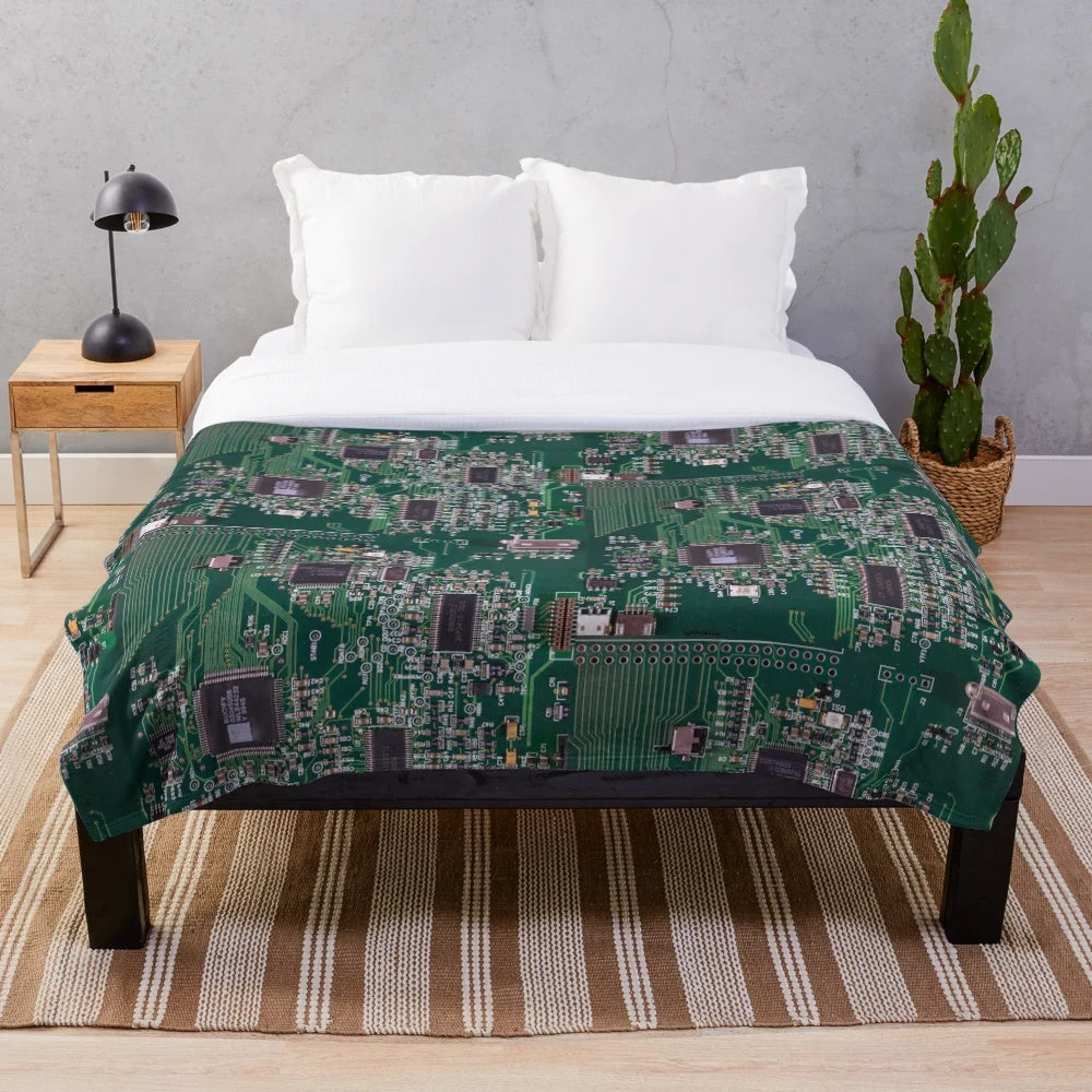 Circuit board pattern plush blanket with electronic design