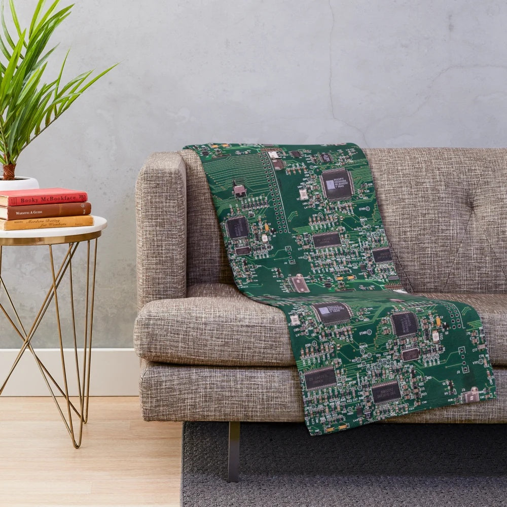Circuit board pattern plush blanket with electronic design