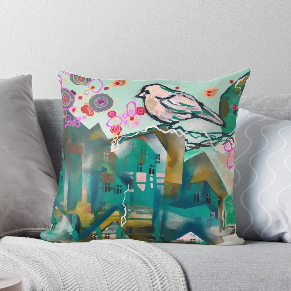 City bird II pillow with a nature-inspired design, perfect for sustainable home decor