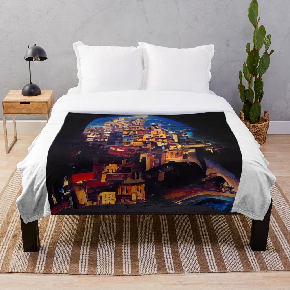 Blue plush blanket with a city-inspired design