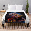 Blue plush blanket with a city-inspired design