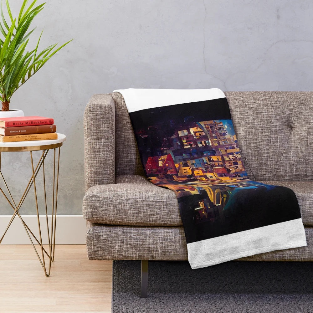 Blue plush blanket with a city-inspired design