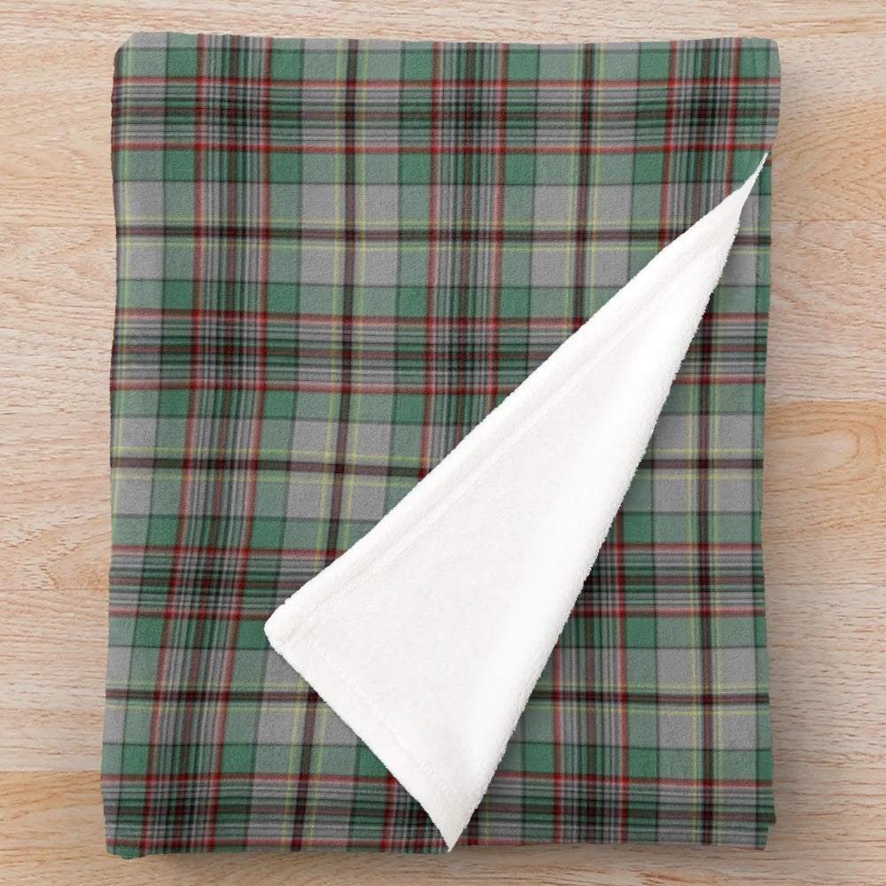 Clan Craig tartan plush blanket in gray, green, and red plaid pattern