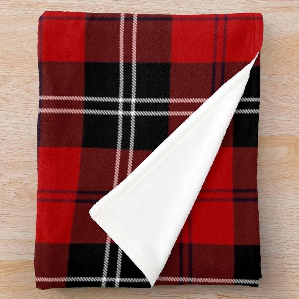 Clan Ramsay tartan plush blanket with a red and black tartan pattern