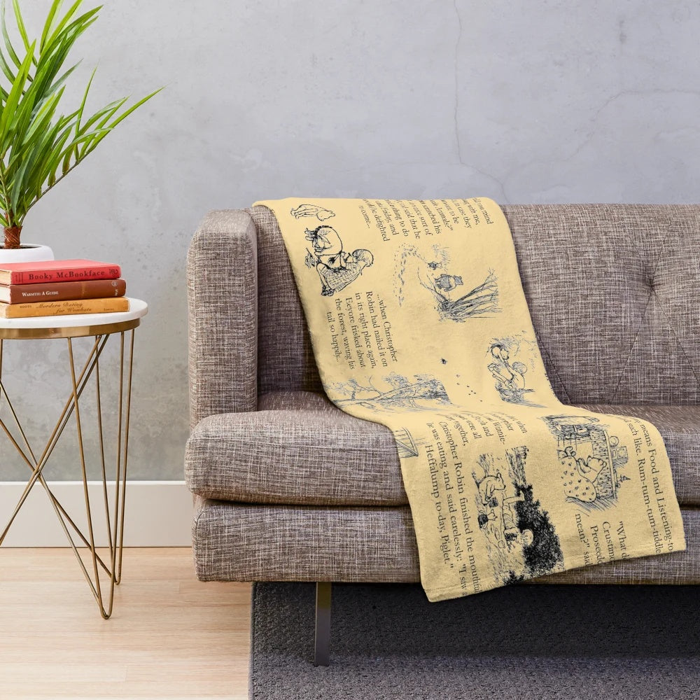 Classic Winnie the Pooh plush blanket featuring A.A. Milne's iconic characters