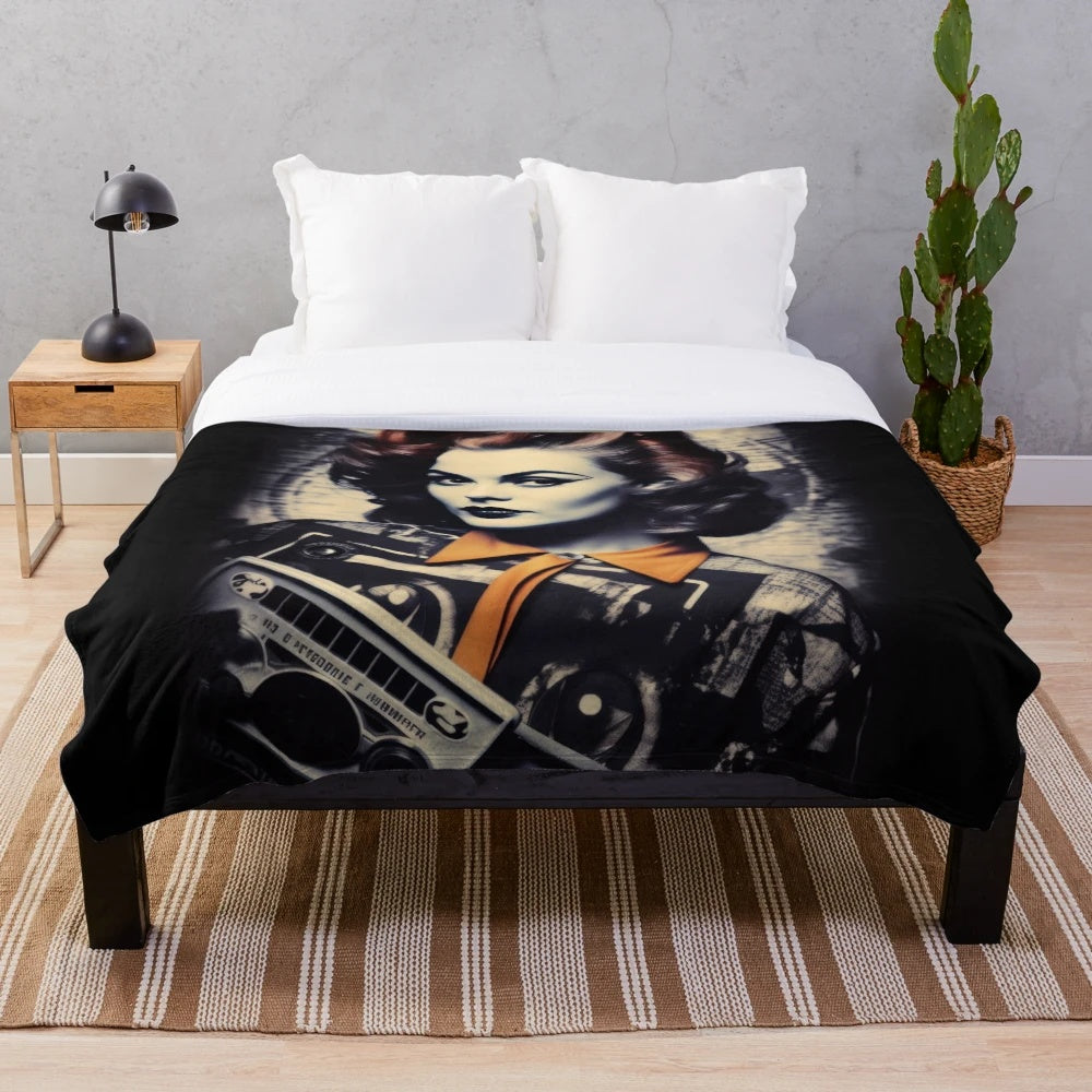 Retro-inspired plush blanket with classic movie imagery