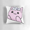 A fluffy white cloud-shaped pillow with a cute pink cat face and crescent moon design.