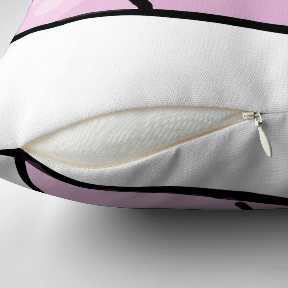 A fluffy white cloud-shaped pillow with a cute pink cat face and crescent moon design.