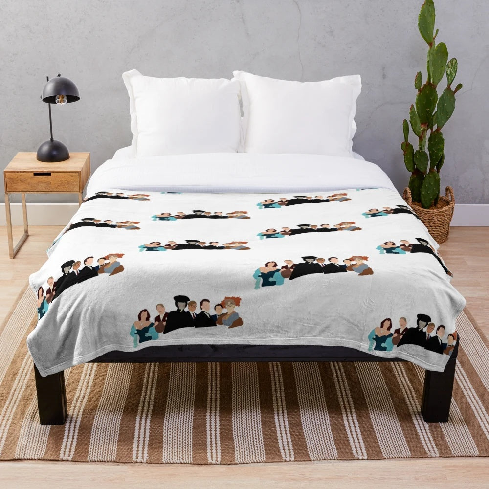 Plush blanket featuring Clue movie characters and Cantonese cuisine motifs