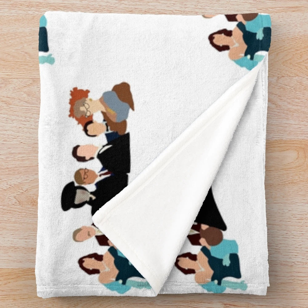 Plush blanket featuring Clue movie characters and Cantonese cuisine motifs
