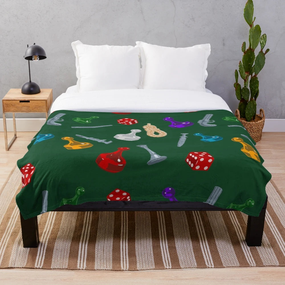 Soft, colorful plush blanket with Cluedo-inspired design