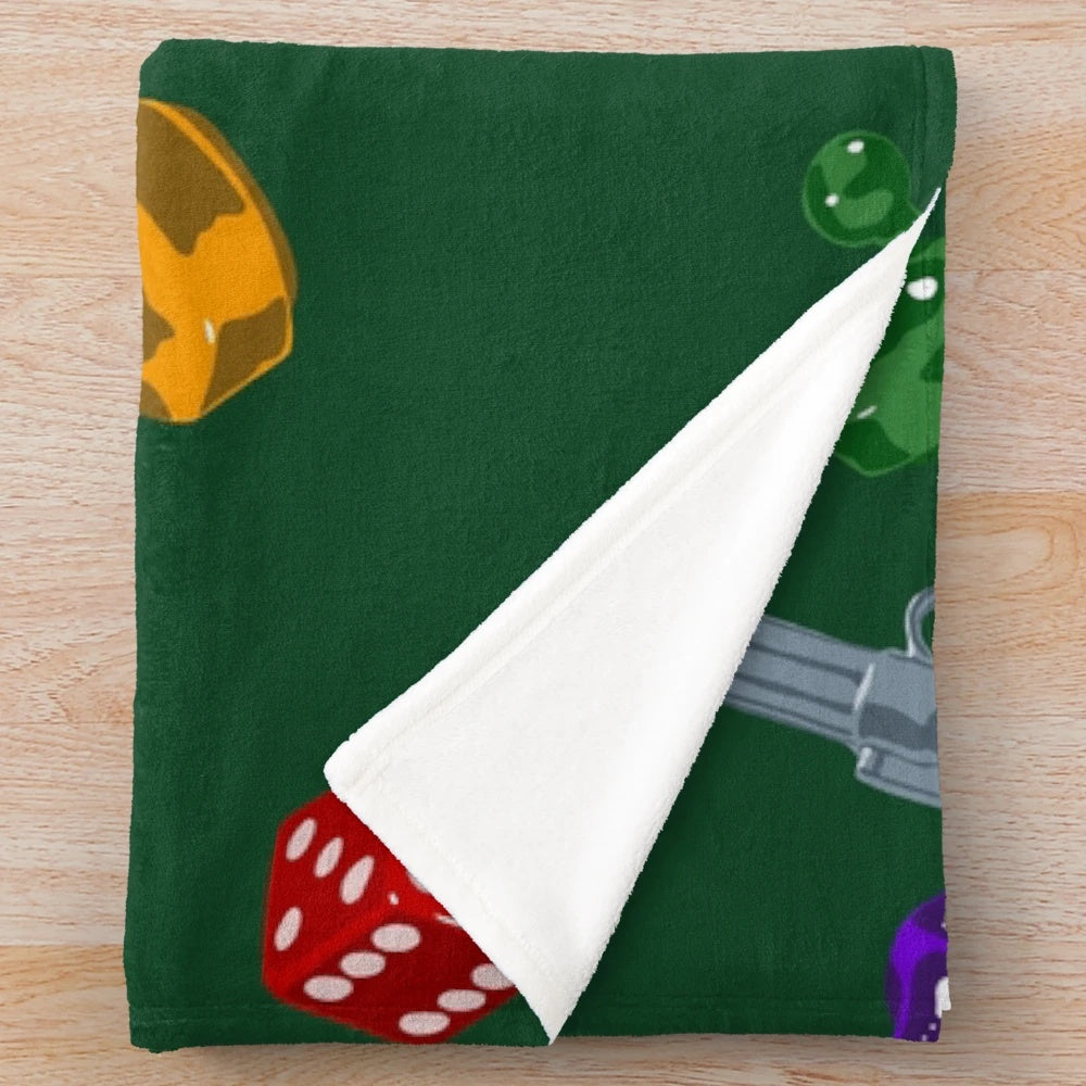 Soft, colorful plush blanket with Cluedo-inspired design
