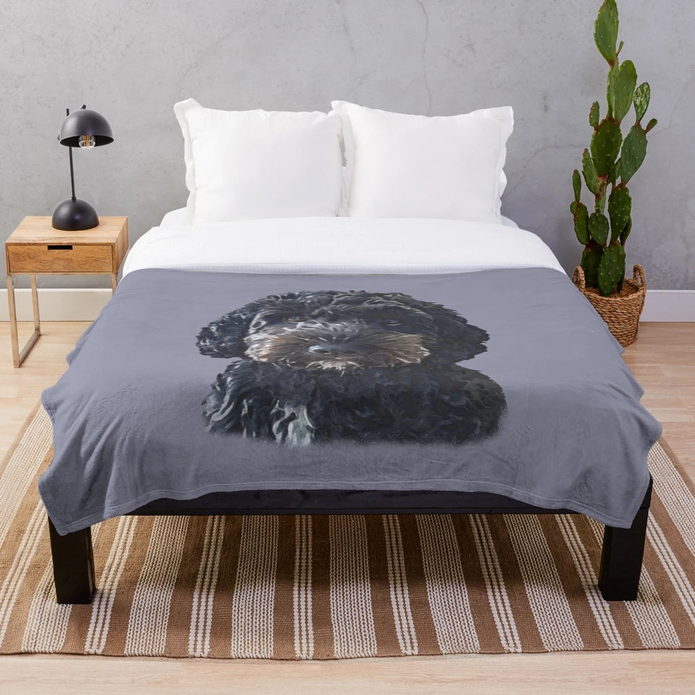 Cockapoo plush blanket with black doodle dog design