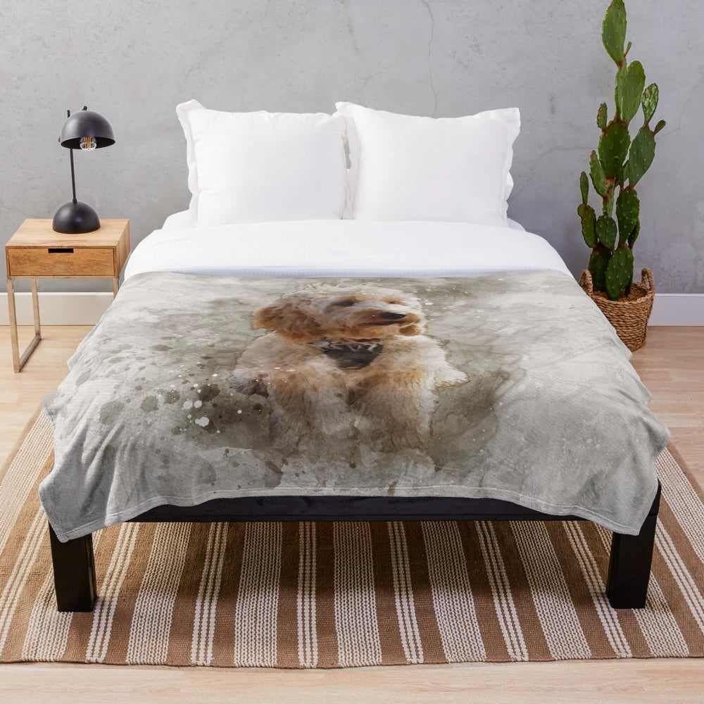 Soft and cuddly cockapoo-themed plush blanket with a watercolor effect design