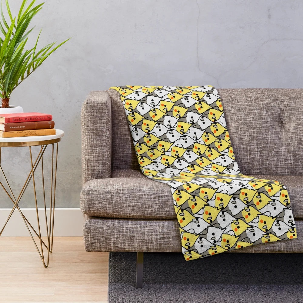 Soft and cuddly plush blanket featuring a group of colorful cockatiels and other birds