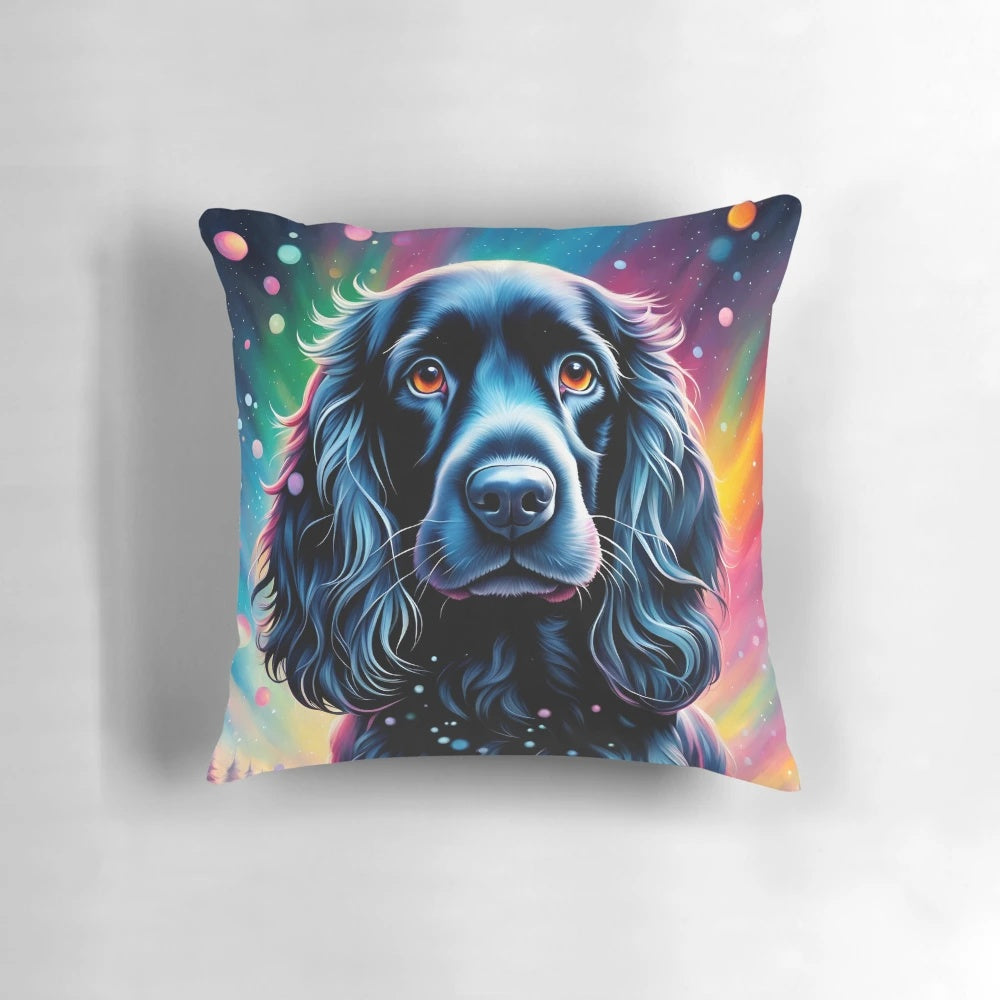 Colorful portrait of a playful cocker spaniel puppy on a soft, plush pillow